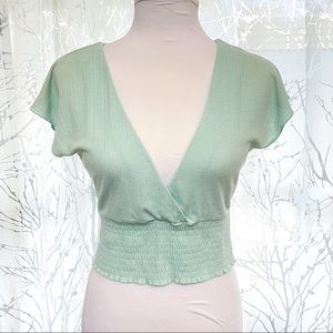 Hurley light green teal v-neck Vneck short sleeve smocked band crop top